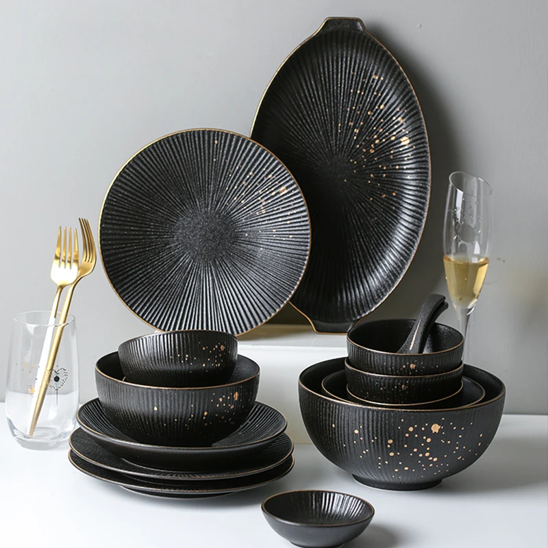 Black Ceramic Dinner Plate Tableware Salad Steak Plate Rice Bowl