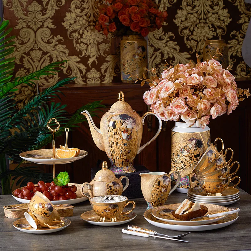 Gustav Klimt Bone China Coffee Set Luxury British Porcelain Tea Cup Ceramic Teapot Creamer Sugar Bowl Milk Jug Coffeeware | Дом и сад