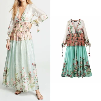 

za 2020 new Spring Floral Print Maxi Dress Button V Neck Long Sleeve Patchwork Vintage Beach Casual Dress vestidos mujer