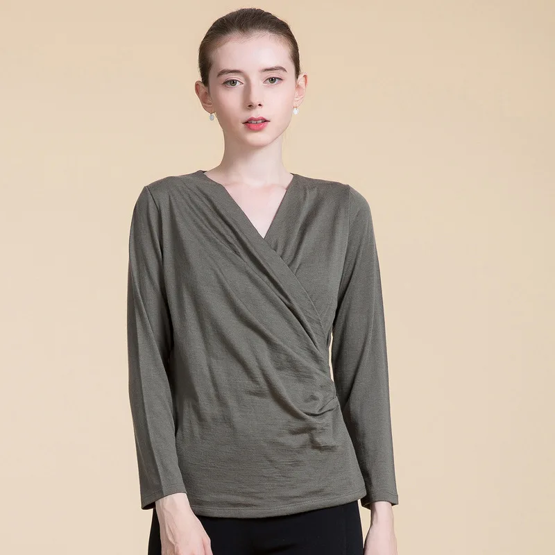 Women's Long Sleeve Top 100% Fine Wool Overlapping