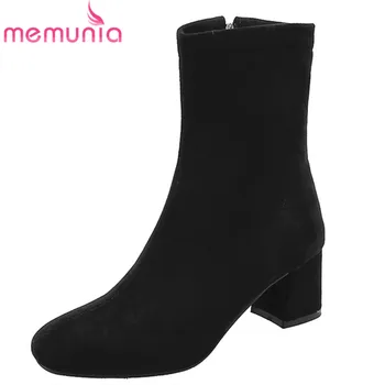 

MEMUNIA autumn winter 2020 Newest ankle boots women flock solid colors simple square heel stretch boots woman dress shoes