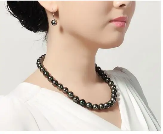 Stunning9-10mm tahitian черное зеленое круглое Жемчужное ожерелье 18 дюймов 925s KKK