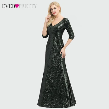 

Sparkle Dark Green Evening Dresses Ever Pretty V-Neck 3/4 Sleeve Sequined Ruched Sexy Mermaid Party Gowns Abiye Gece Elbisesi