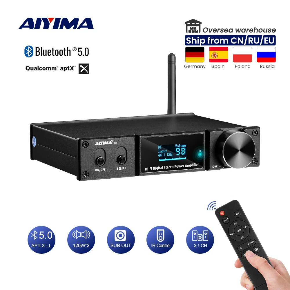 AIYIMA D05 Bluetooth 5.0 Power Amplifier 120Wx2 Sound Amplificador Subwoofer Amplifier USB DAC OLED APTX 2.1 Home Theater tube amp