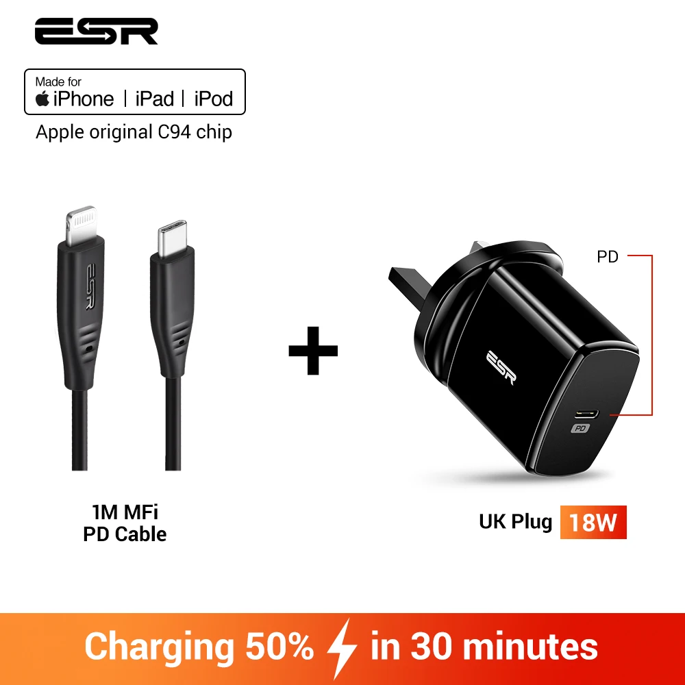 ESR USB C быстрое зарядное устройство 18 Вт с настенной вилкой для путешествий быстрое зарядное устройство type C type-c PD для iPhone 11 X XR XS Max iPad Pro EU US UK - Тип штекера: UK Plug and 1M Cable