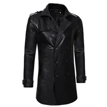 Осень и зима стиль двубортный большой отворот мужская повседневная приталенная Длинная кожаная ветровка 5270