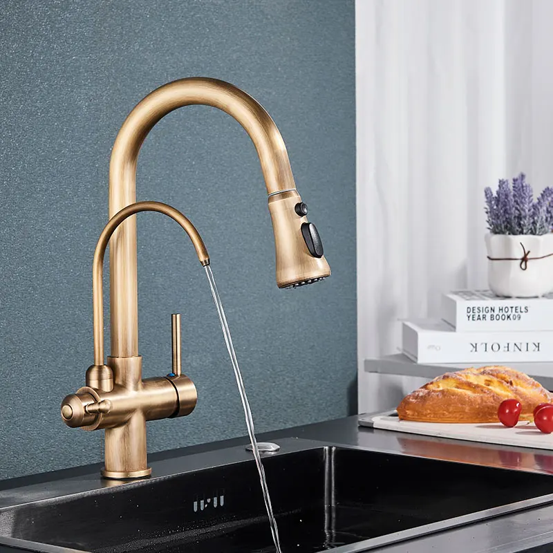 Hownifety Antique Brass Sensor Kitchen Faucets Cold Hot Water Filter Sink Mixer Crane Tap Pull Out Smart Touch Control Tapware ceramic kitchen sink