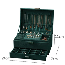 New Green Flannel Stud Jewelry Organizer 3-layers Large Ring Necklace Makeup Cases Velvet Jewelry Box with Lock for Women