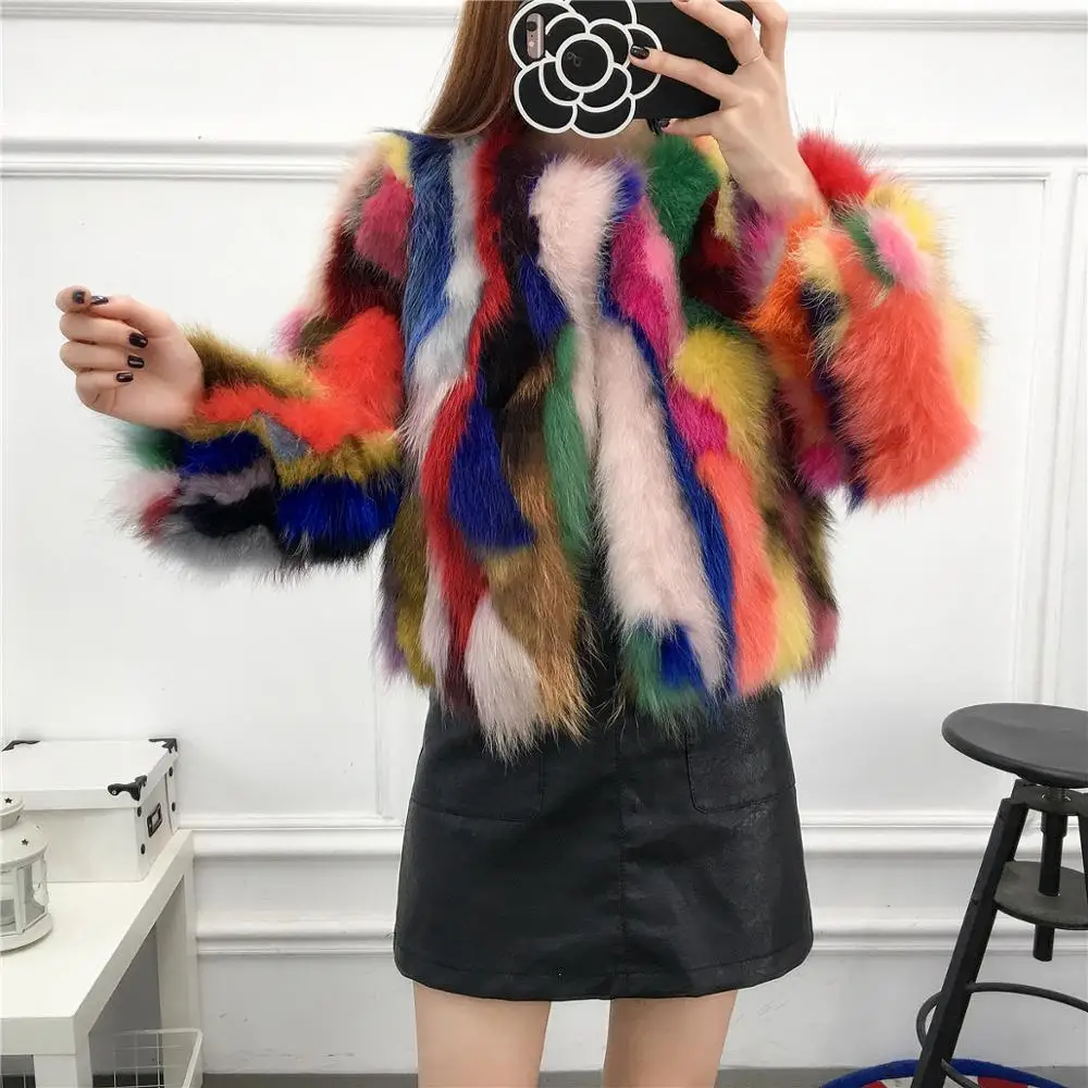 New women's Real genuine natural raccoon fur coat  girl's multicolor colorful fashion  jacket lady outwear warm winter