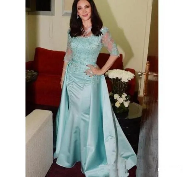 Платье-светильник голубого цвета для матери невесты, рукава-иллюзии, расшитое бисером и блестками, кружевное платье с аппликацией в виде русалки, торжественное платье со съемным шлейфом