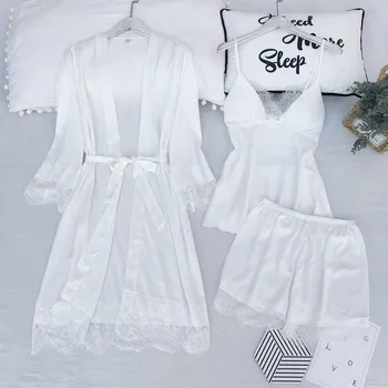 

Spring summer sexy nightgown lady ice silk three-piece nightgown with chest cushion halter top + shorts suit