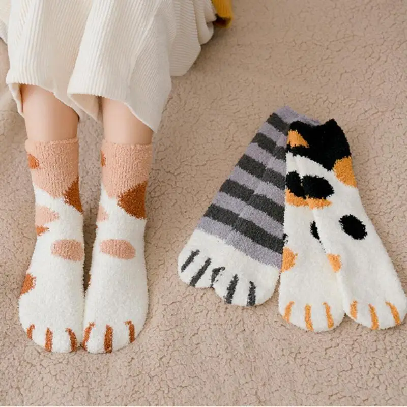 6 пар зимних флисовых носков женские плюшевые милые носки-тапочки с когтями кошки