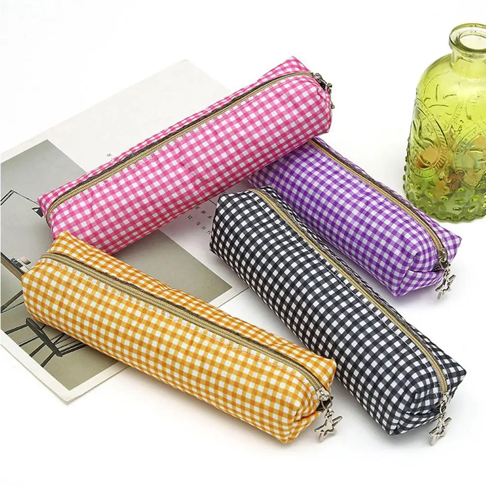 

Fashion Plaid Print Pencil Case Stationery Storage Zipper Bag School Supply To Store Pen Pencil Ruler Eraser Tape