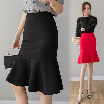

2020 New Elegant Ruffles High Waist Pencil Skirt Women Fashion Black/Red Stretch Package Hip Skirts Ladies Midi Skirt