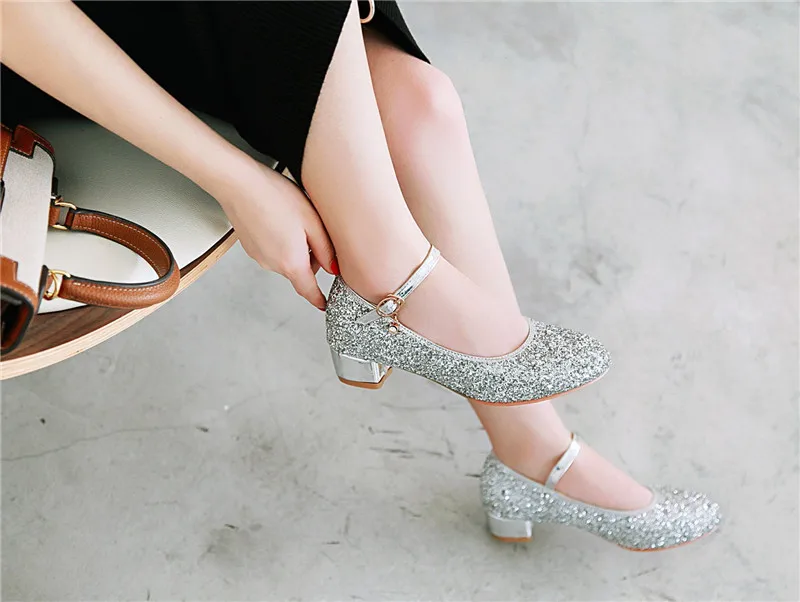 New Womens Chunky Low Heel Comfort Buckle Ankle Strap Glitter Mary Jane Shoes Round Toe Vintage Shiny Bling Dress Pumps A849