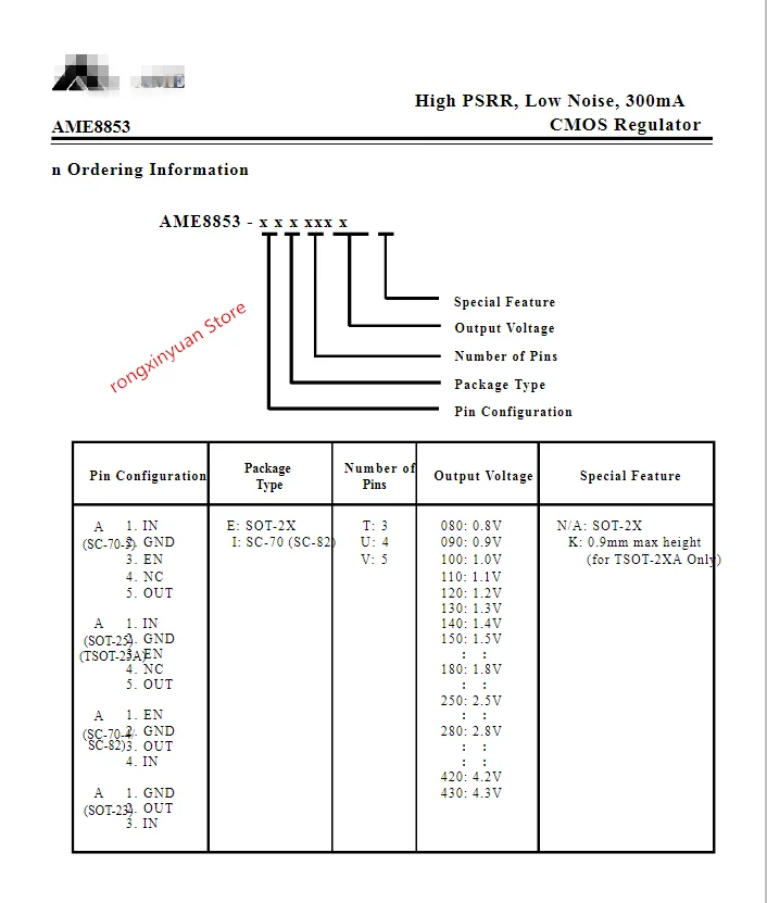 50 шт. AME8853-AVY310 AME8853 AME8853AVY310 F6AA 3,1 в QFN высокая PSRR, низкий уровень шума, 300 мА CMOS регулятор