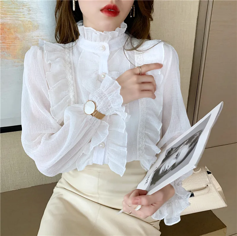 Vintage Gothic Victorian Shirt Women Party White Formal Top Stand Collar Women Blouses Long Sleeves Slim Fit Streetwear Office