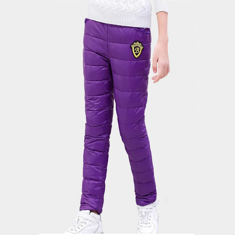Высококачественные зимние штаны для мальчиков; однотонные Детские Пуховые брюки; повседневные теплые брюки для девочек-подростков; ветрозащитные леггинсы для детей 3-16 лет - Цвет: Purple 923a