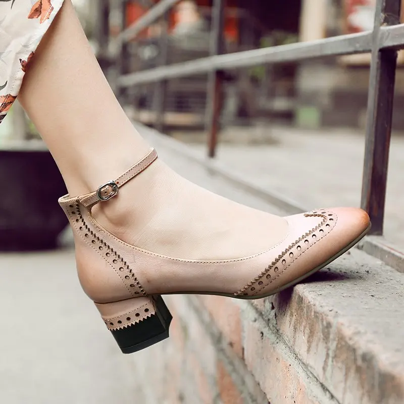 KemeKiss Real Leather Women Pumps Solid Color Ankle Strap Buckle Shoes Women Sewing Print Sweet Office Footwear Size 34-39