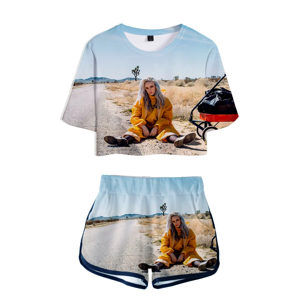 

Popular Casual New Billie Eilish 3D T shirts Exposed Navel T-Shirt + Short pants Summer Women's two-piece women's girl's Sets