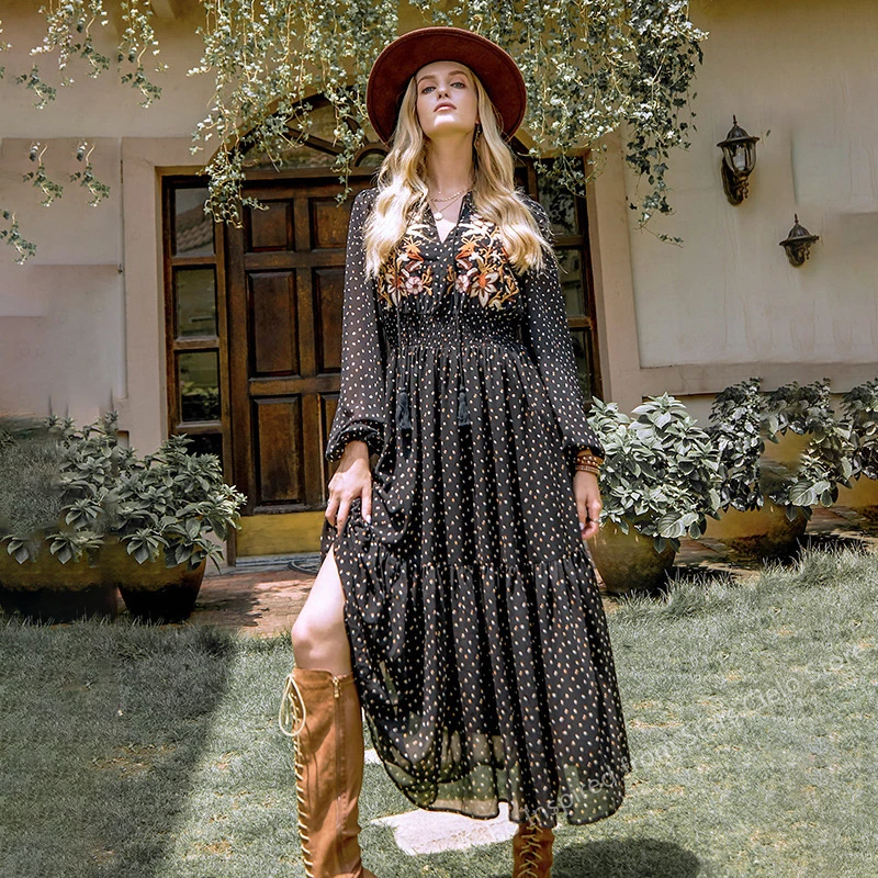 bohemian long black dress