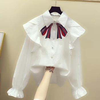 

Women White Shirt Loose Fall Winter New Long Sleeve Lotus Edge Embroidered Bow Blusas Student Horn Sleeve Shirts Blouse Tops