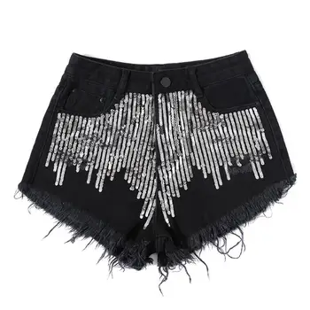 

2020 new spring summer High waist denim shorts women sexy loose wide leg sequined holes jeans shorts r2398