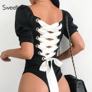 

New Sexy Black Puff Sleeve Boho Bandage Bodysuit Women Le Palais Vintage Body Mujer Elegante Back Lace Up Sexy Bodysuits Summer