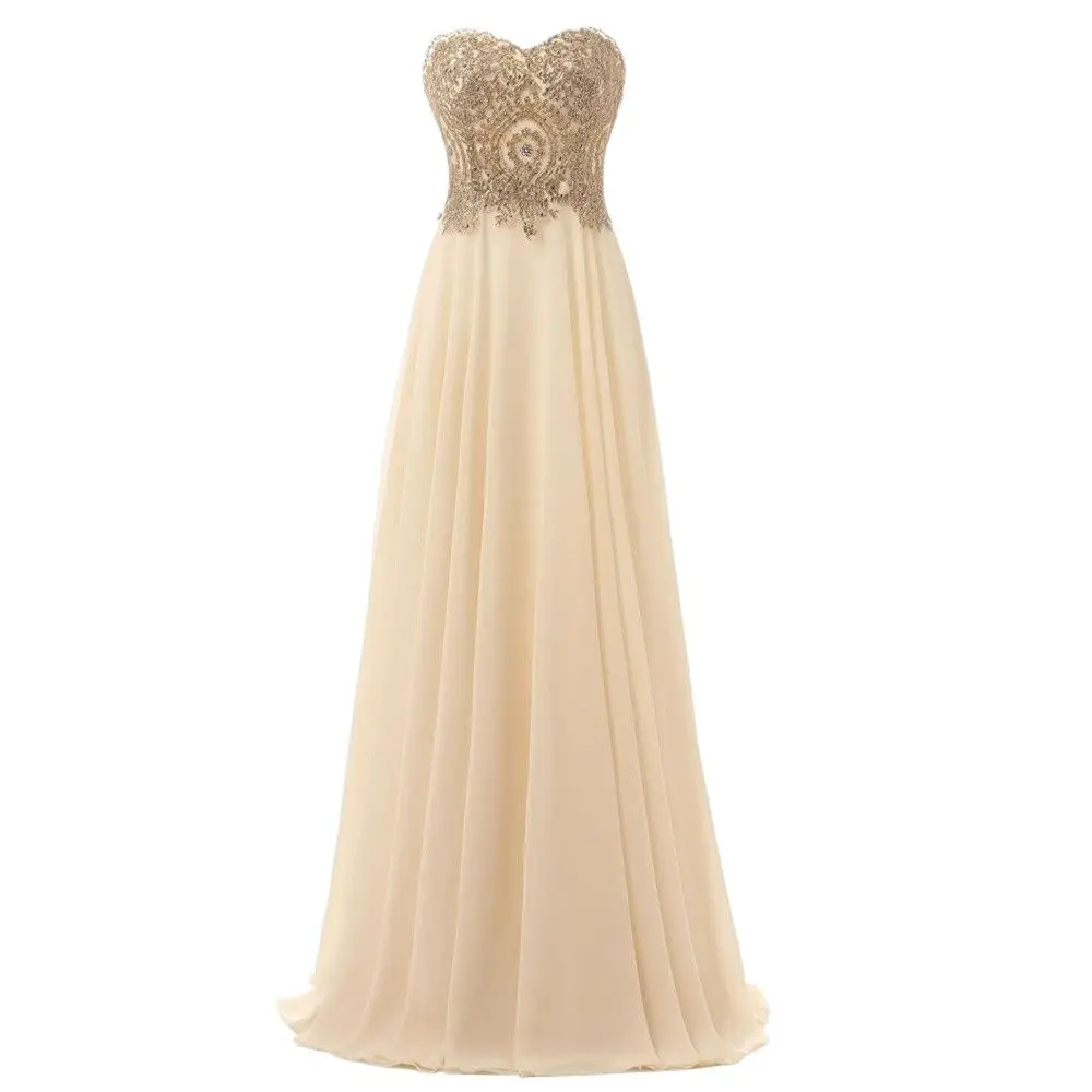 New Style Sexy Gold Lace Appliques Sweetheart Strapless Chiffon Prom ...