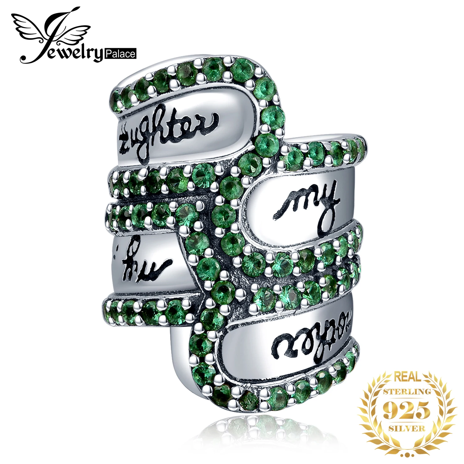 

JewelryPalace 925 Sterling Silver Green Cubic Zirconia Engraved My Mother Daughter Friends Bead Charm Fit Bracelet