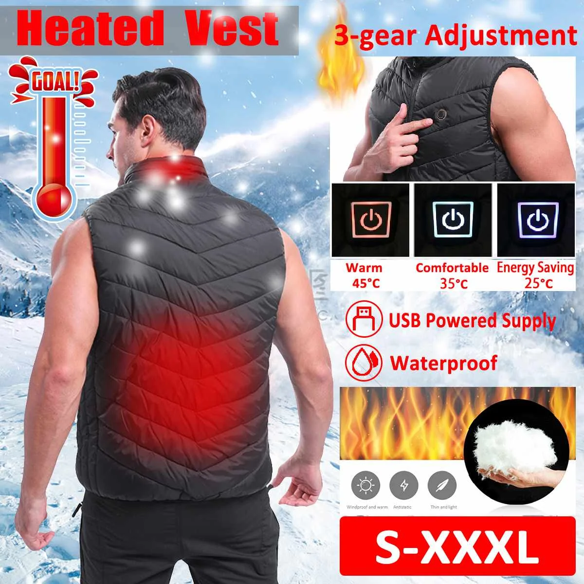 Black Men Women Outdoor 3 Speed Thermostat USB Infrared Heating Vest Jacket Winter Electric Thermal Clothing Waistcoat Fishing