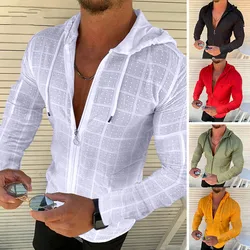 Camisa de malha masculina primavera camisa casual camisas de manga longa cavalheiro jogging cardigan com zíper camisa com capuz roupas