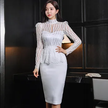 

Spring Korea Lady's Party Cloth High Waist Lace Patchwork Peplum Bodycon Midi Sexy Occasion Dresses Women