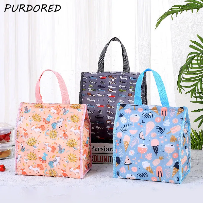 PURDORED-fiambrera con dibujos animados para mujer, bolsa Oxford plegable para comida, Picnic, almuerzo, térmica, para mantener el calor, 1 ud.