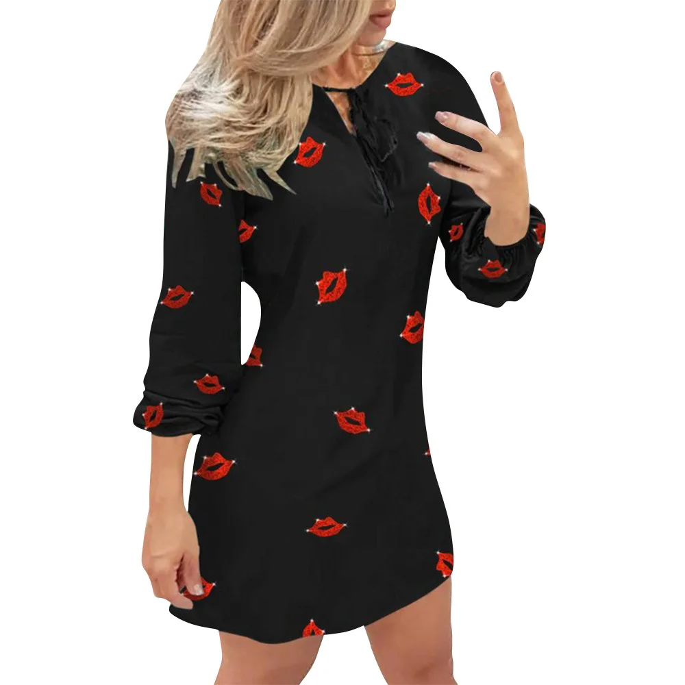 Fashion Long Sleeve Autumn Dress Butterfly Floral Printed V Neck Lace Up Casual Mini Female Dresses Vestidos