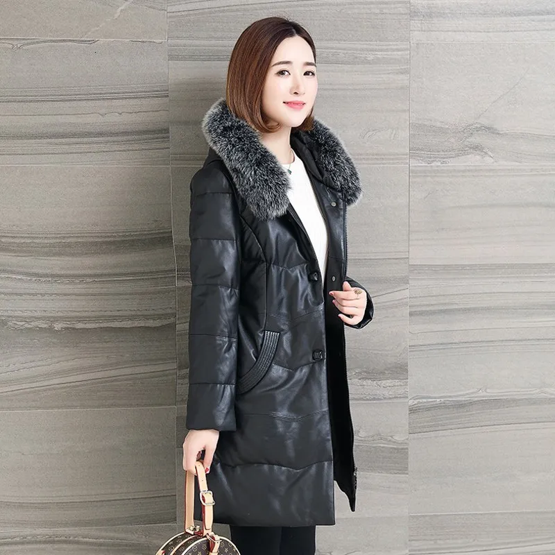 Женский пуховик из 2020 натуральной кожи с капюшоном овчины и лисьего меха
