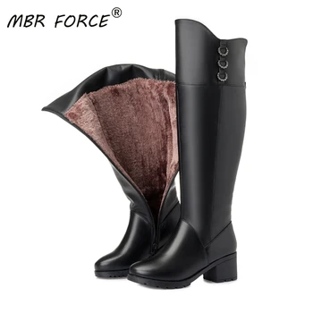 

MBR FORCE New Winter Genuine Cowhide Wool Women Shoes high heeled long knee high boots warm snow boots Lady Fashion shoes black