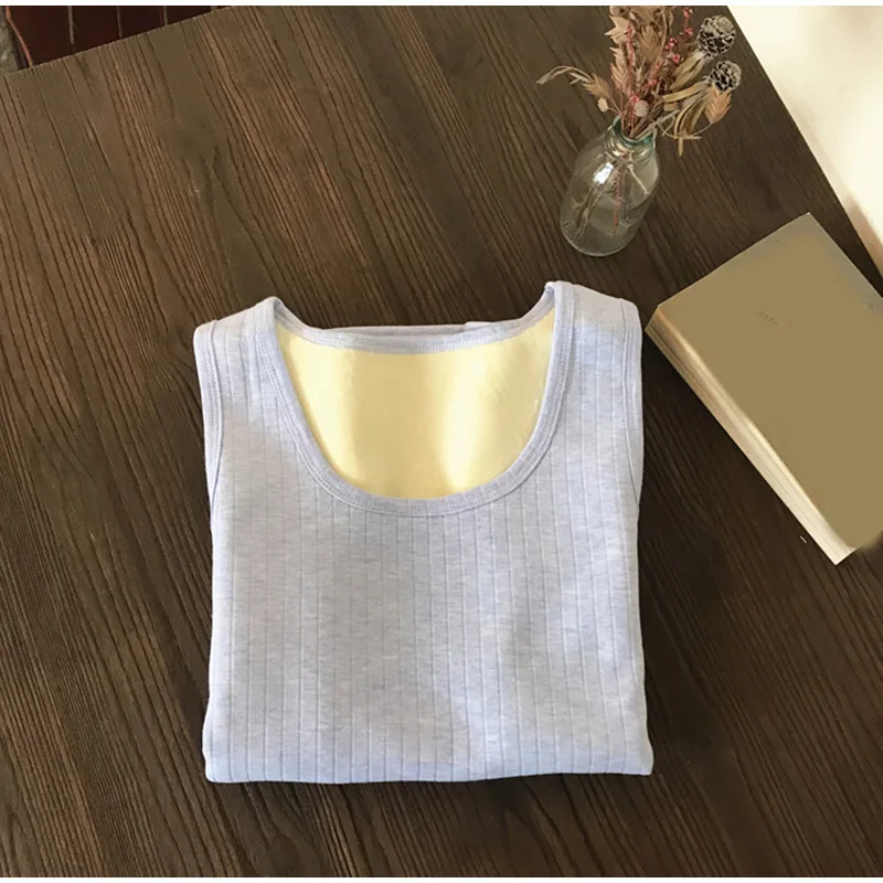 Однотонная плотная полосатая Теплая Бархатная Женская футболка без рукавов, трикотажная Женская майка, топы на осень и зиму, повседневное женское нижнее белье, жилет