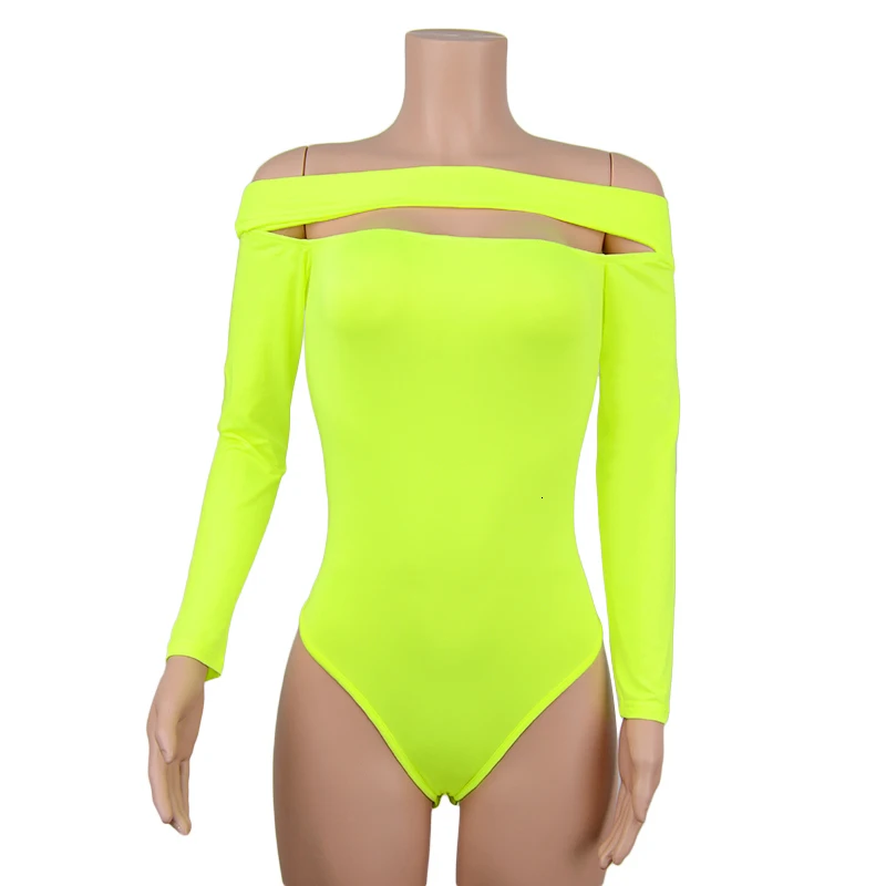 neon green DEAT неоновый зеленый сексуальный хит боди Женский длинный рукав повседневный комбинезон с открытыми плечами однотонные облегающие костюмы MG906 - Цвет: neon green