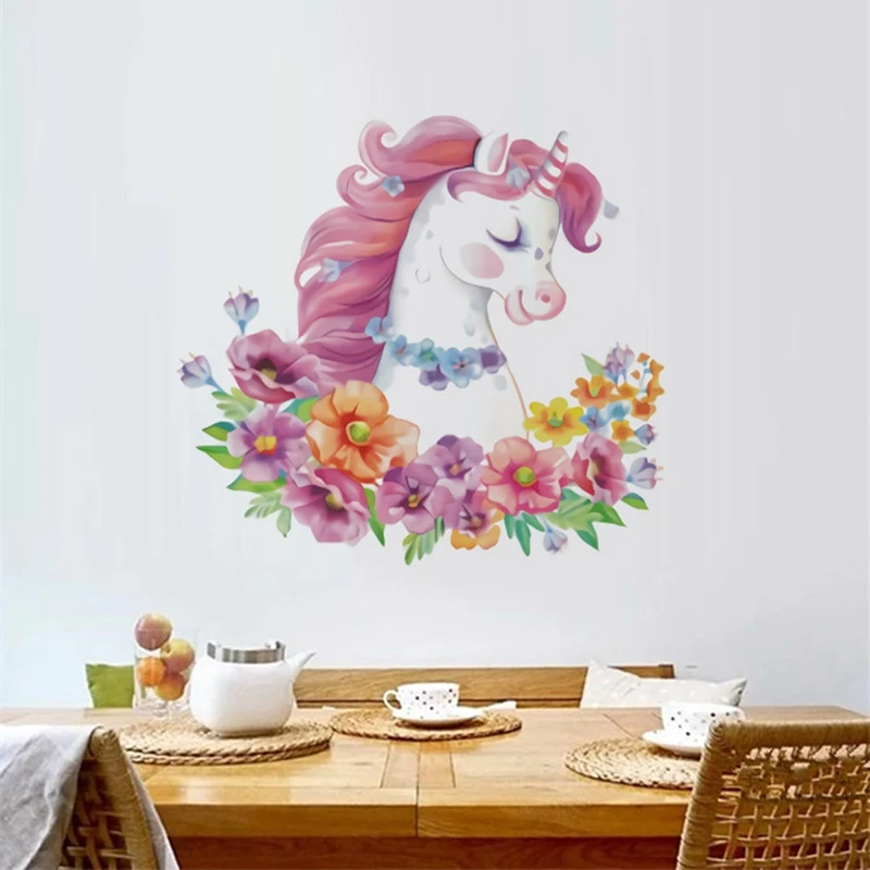 

Cartoon Cute Unicorn Bedroom Wall Decoration Reflective Flower Wall Sticker Girls Room Decor