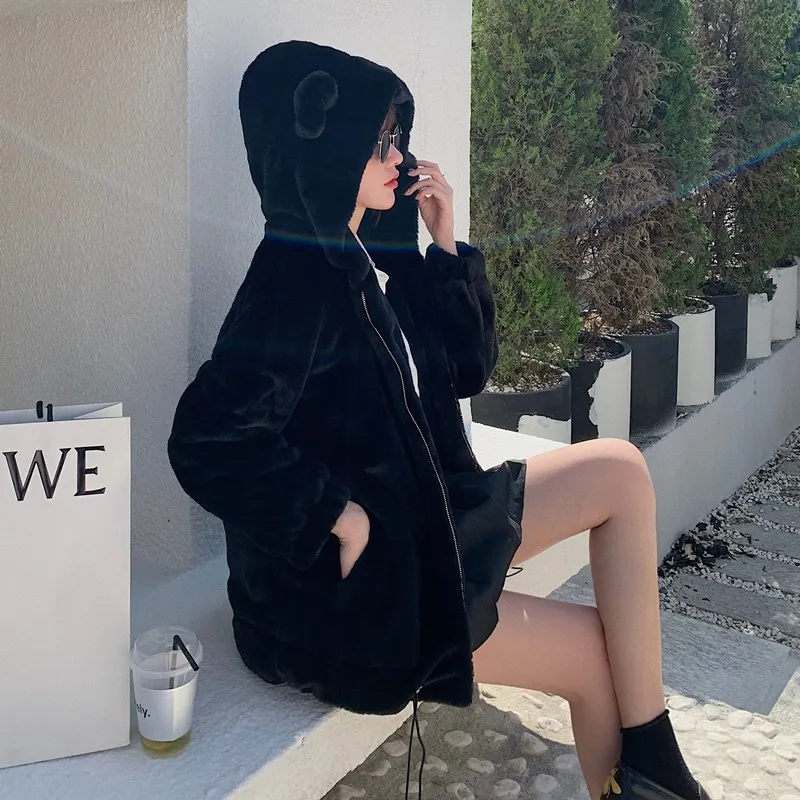 2023 Autumn Winter Casual Women Hooded Waist Drawstring Faux Rabbit Fur Loose Warm Soft Warmh Outerwear Korean Kobieta Kurtka