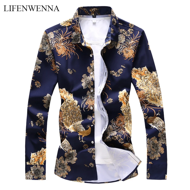 

LIFENWENNA Mens Daily Going Out Luxury Basic Plus Size Slim Shirt Floral Animal Print Spread Collar Navy Long Sleeve Spring Fall