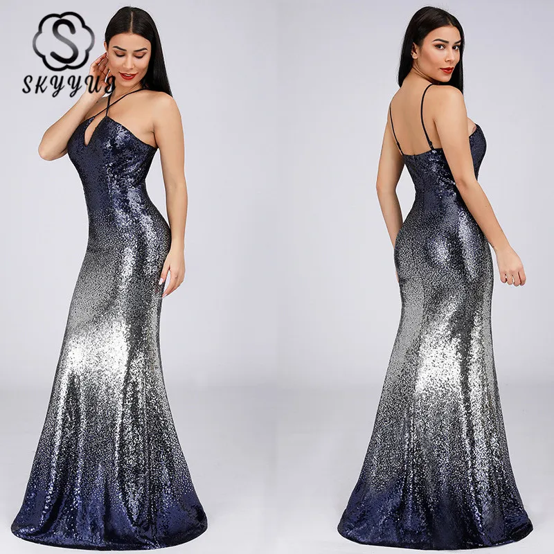 

Skyyue Halter Evening Dress Sexy Backless Robe De Soiree D001 2019 Plus Size Sleeveless Sequins Party Gowns Formal Mermaid Gowns