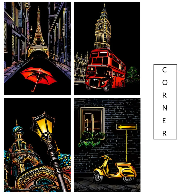 4PCS DIY Scratch Paintings Magic Toys Colorful Night View Scraping Art Paper Baby Kids Gift Education Toys Manual Drawing Toys 14