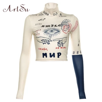 

ArtSu 2019 High Neck Long Sleeve Crop Top Tshirt For Women T-Shirt Bodycon Slim Fit Tshirt Sweatshirt Sport Tee ASTS60478