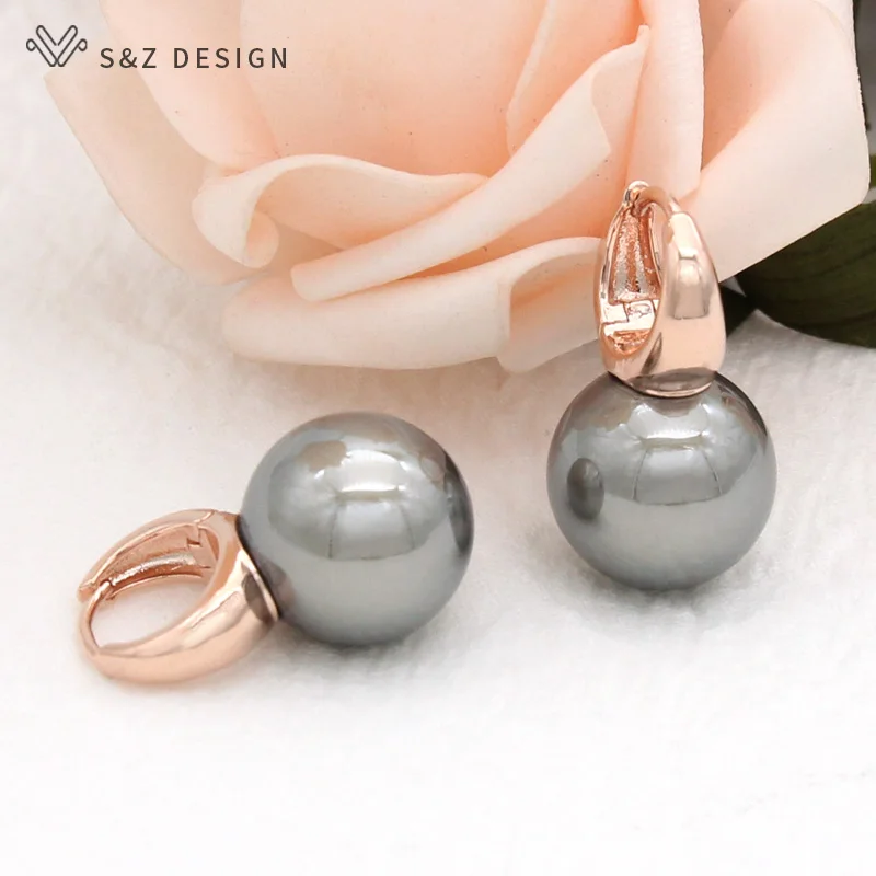 S&Z DESIGN New Fashion Fine Round Imitation Pearl Dangle Earrings For Women 585 Rose Gold Color Wedding Jewelry