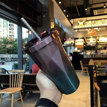 

Stainless Steel Tumbler with Straw Hot and Cold Double Wall Drinking Cups Coffee Mugs 500ml Irregular Diamond with Lid