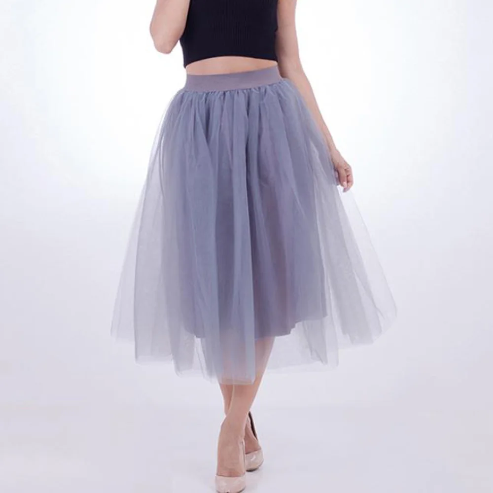 Gray Skirts Long Red Tulle Skirt 4 Layers Mid-Length Tutu Skirts Womens Elastic Waist Solid Mesh Midi Skirt Wedding Bridesmaid Party Skirt - Цвет: Gray Skirts