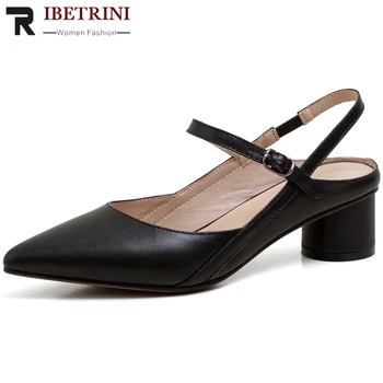 

RIBETRINI New Female Summer Sexy Shallow Date Shoes Woman OL Genuine Leather Sandals Women Casual Sweet Med Heels Date Sandals