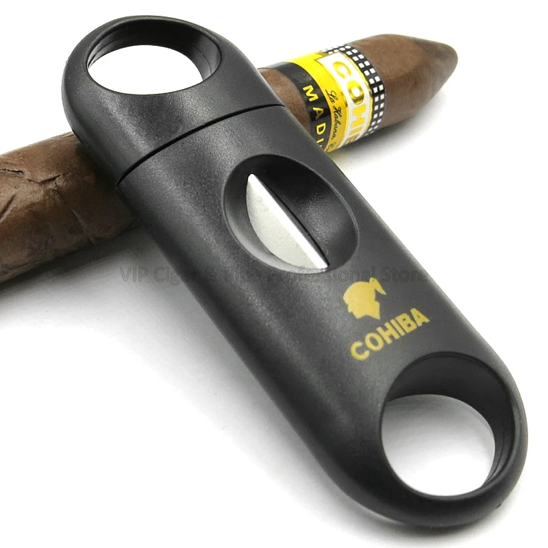 COHIBA пластик и нержавеющая сталь V Cut лезвие, нож для сигар Sigaar Zigarren инструмент для курения ручка гильотина для сигар - Цвет: Black